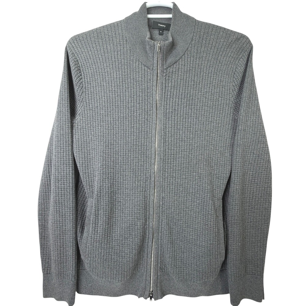 Theory Amadeo Full Zip Cardigan Mens Cotton Waffle Knit Mock Neck Sweater Gray M